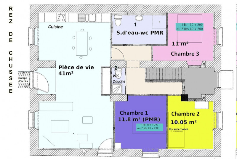 Plan du RDC avec couchages - © Gîtes de France Plan du RDC avec couchages