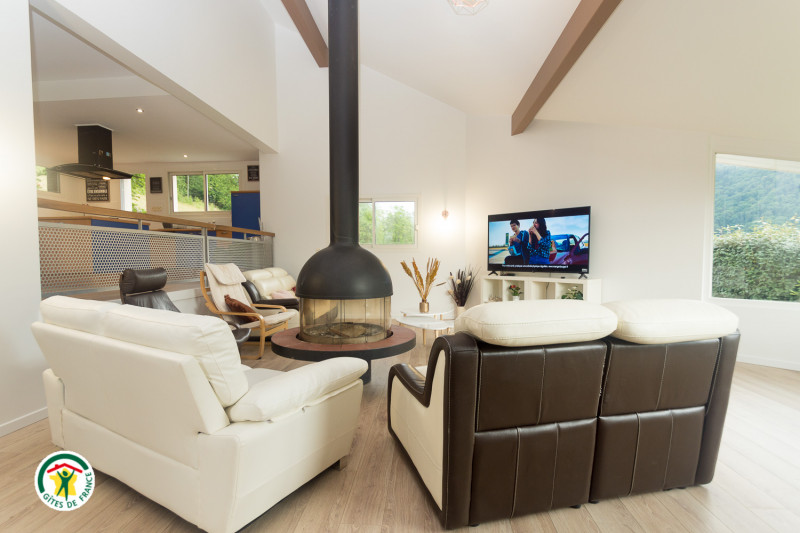 Vaste séjour lumineux avec grand écran TV - © Gîtes de France Vaste séjour lumineux avec grand écran TV